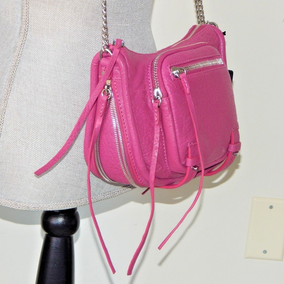 NWT SHE LO Genuine Pebbled Leather RISE ABOVE Chain Link Fuchsia Crossbody Bag - Picture 3 of 13